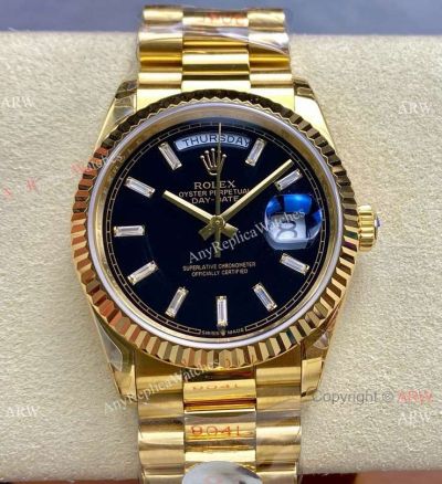 8+ Factory Rolex DayDate 36 'Gain Weight' Gold-Black with Baguette markers